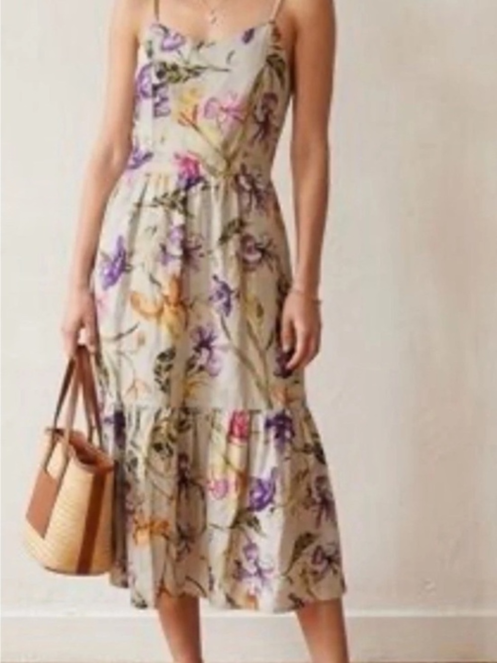 Joie Small Cream Floral Spaghetti-Strap Midi Dress